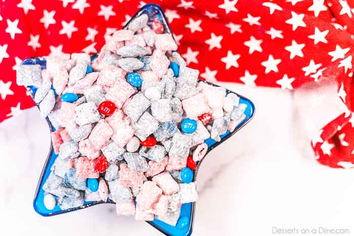 4th of July puppy chow recipe is a simple patriotic treat perfect to make for fourth of July or Memorial Day. Everyone will love patriotic puppy chow! 4th of July puppy chow recipe is a simple patriotic treat perfect to make for fourth of July or Memorial Day. Everyone will love patriotic puppy chow!