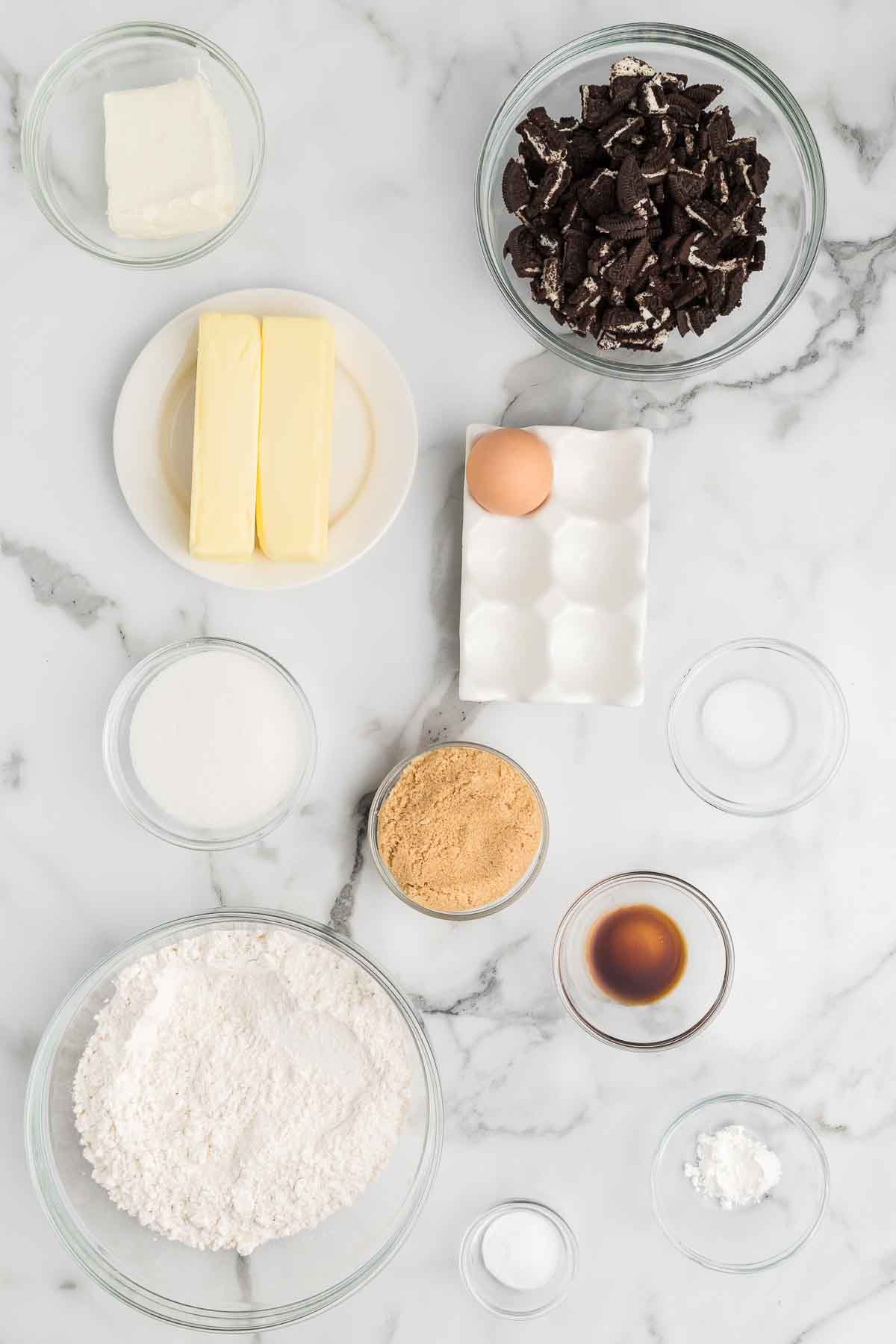 Ingredients needed - butter, cream cheese, sugar, brown sugar, egg, salt, vanilla, cornstarch, flour, baking soda, oreos