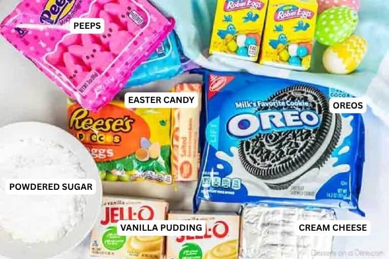 Ingredients for recipe: cream cheese, vanilla pudding, powdered sugar, oreos, Easter candy and peeps.