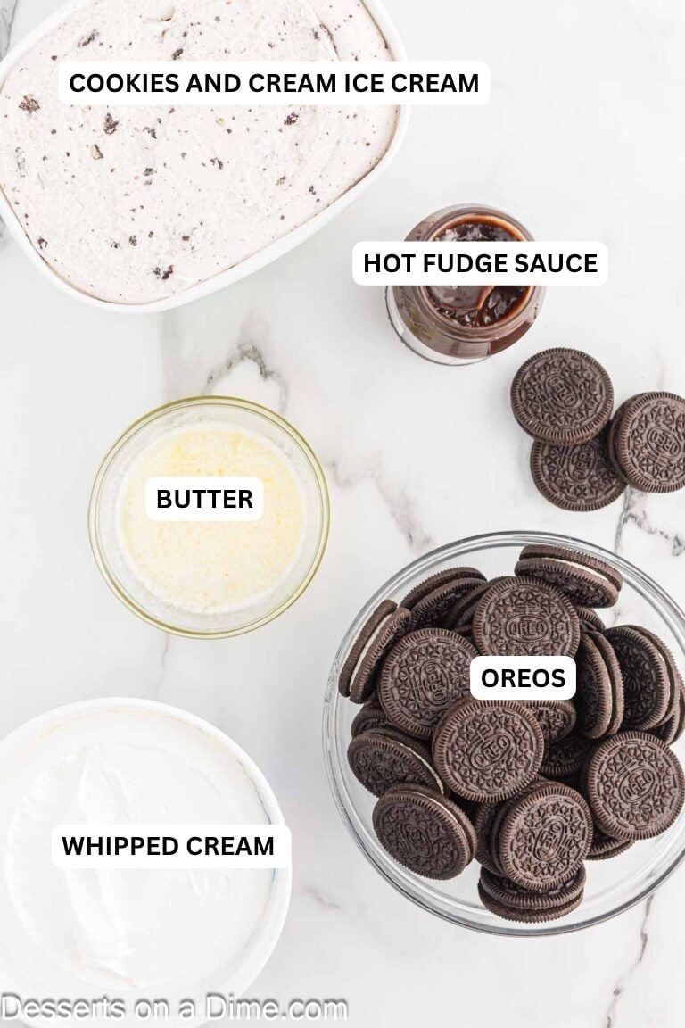 Ingredients for recipe: cookies and cream ice cream, hot fudge sauce, oreos, butter and whipped cream. 