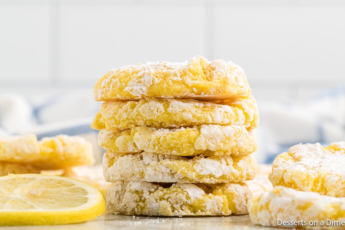 Lemon cake Mix cookies stacked together.