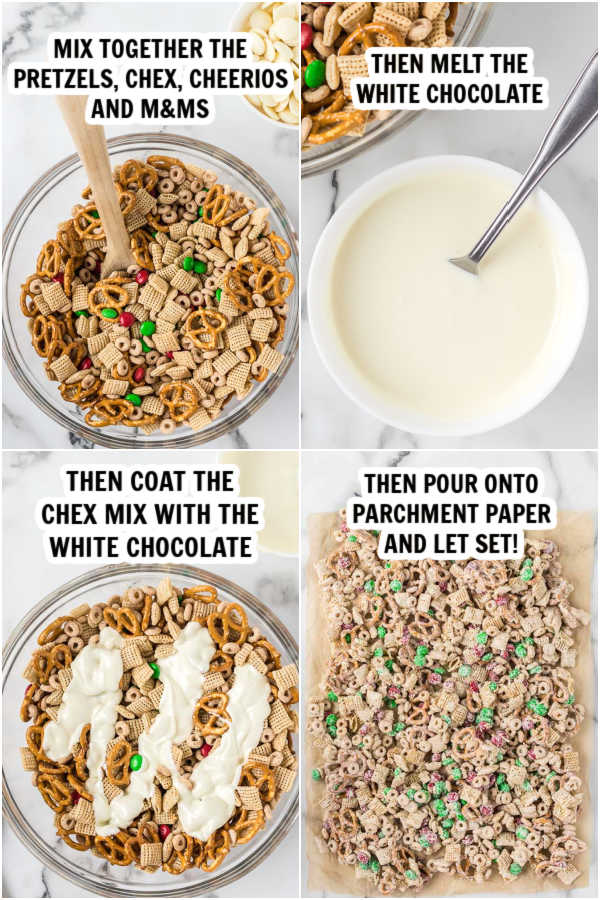 Pictures of making Christmas crack. The first picture is a bowl with the cereal and candy. The second picture is the melted chocolate. The third picture is melted white chocolate being mixed with cereal. The fourth picture the mixture is poured on a sheet of wax paper.