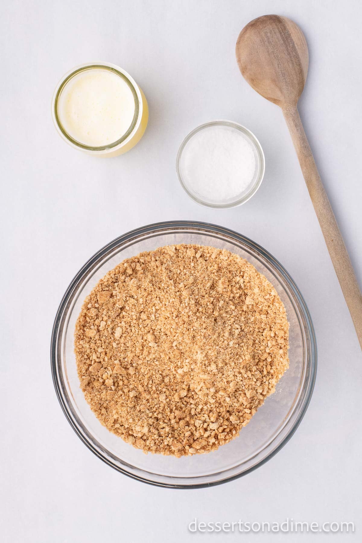 The graham cracker crumbs and melted butter stirred together in a large bowl.  