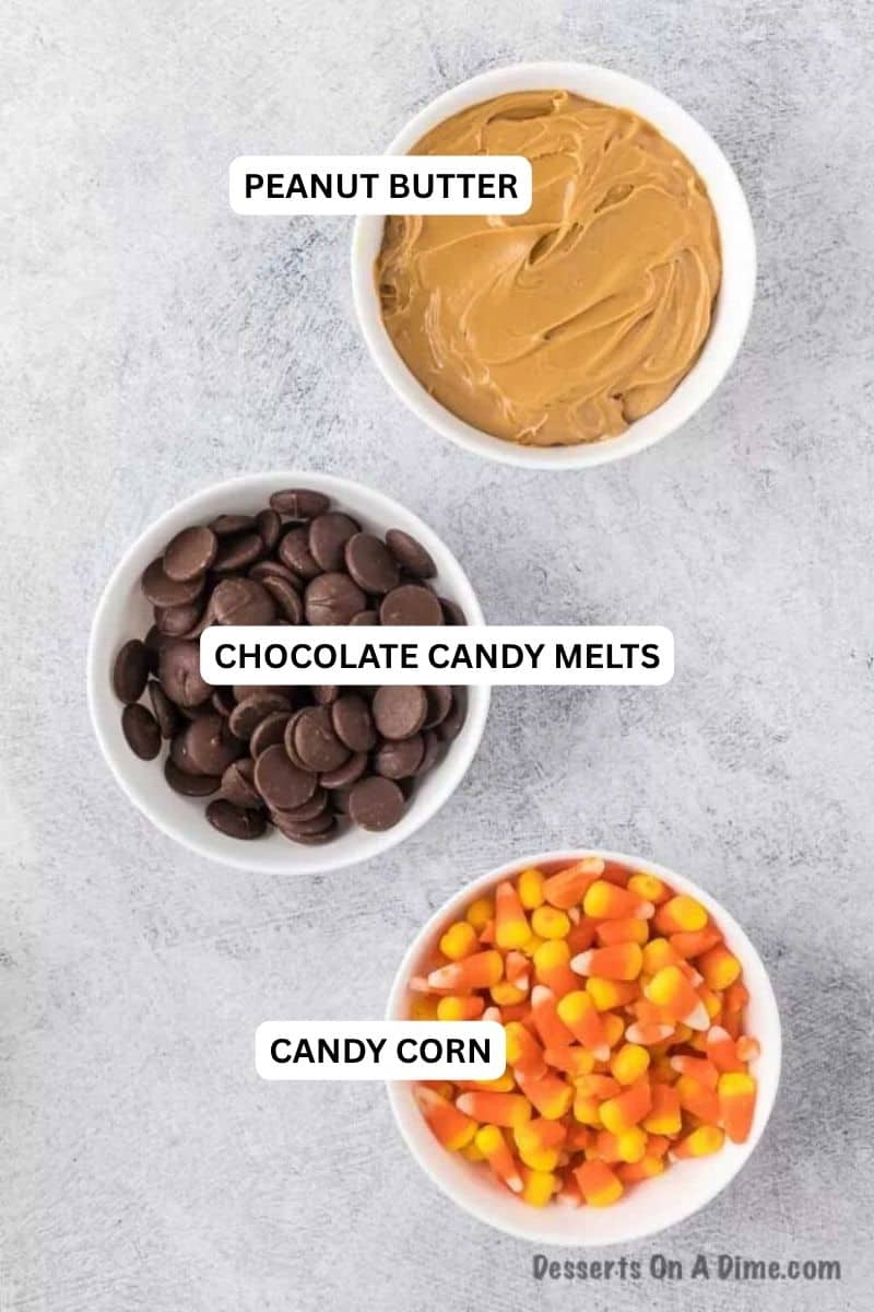 Ingredients for recipe: peanut butter, chocolate wafers, candy corn. 
