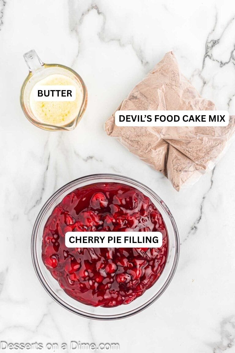 Ingredients for recipe: butter, cake mix and cherry pie filling.