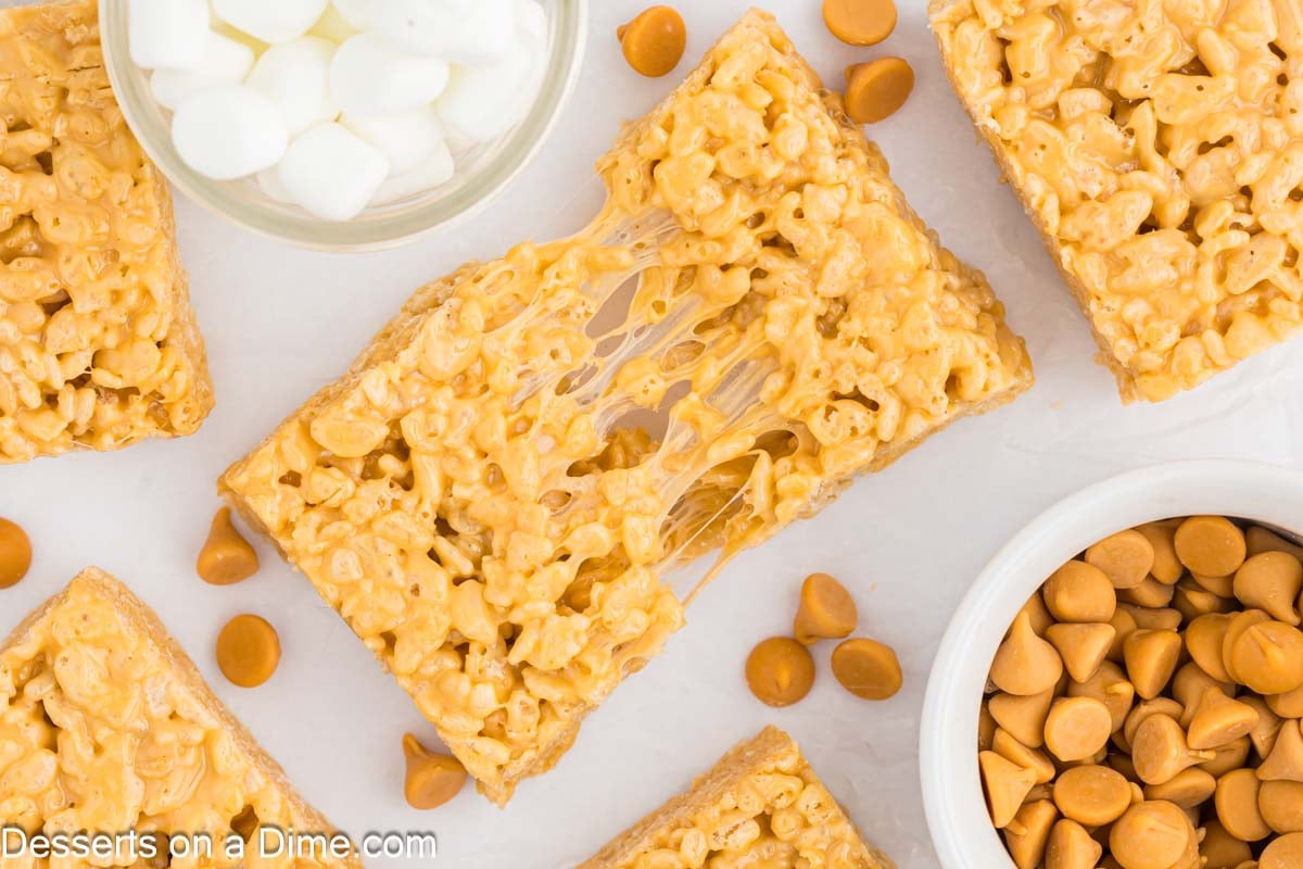 Butterscotch Rice Krispie Treats cut into bars and ready to serve.