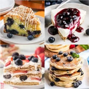 A collage of blueberry pancakes, blueberry muffins, blueberry pie and blue.