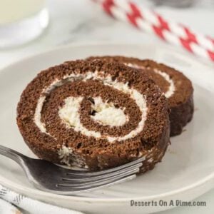 Chocolate cake roll cut into slices.