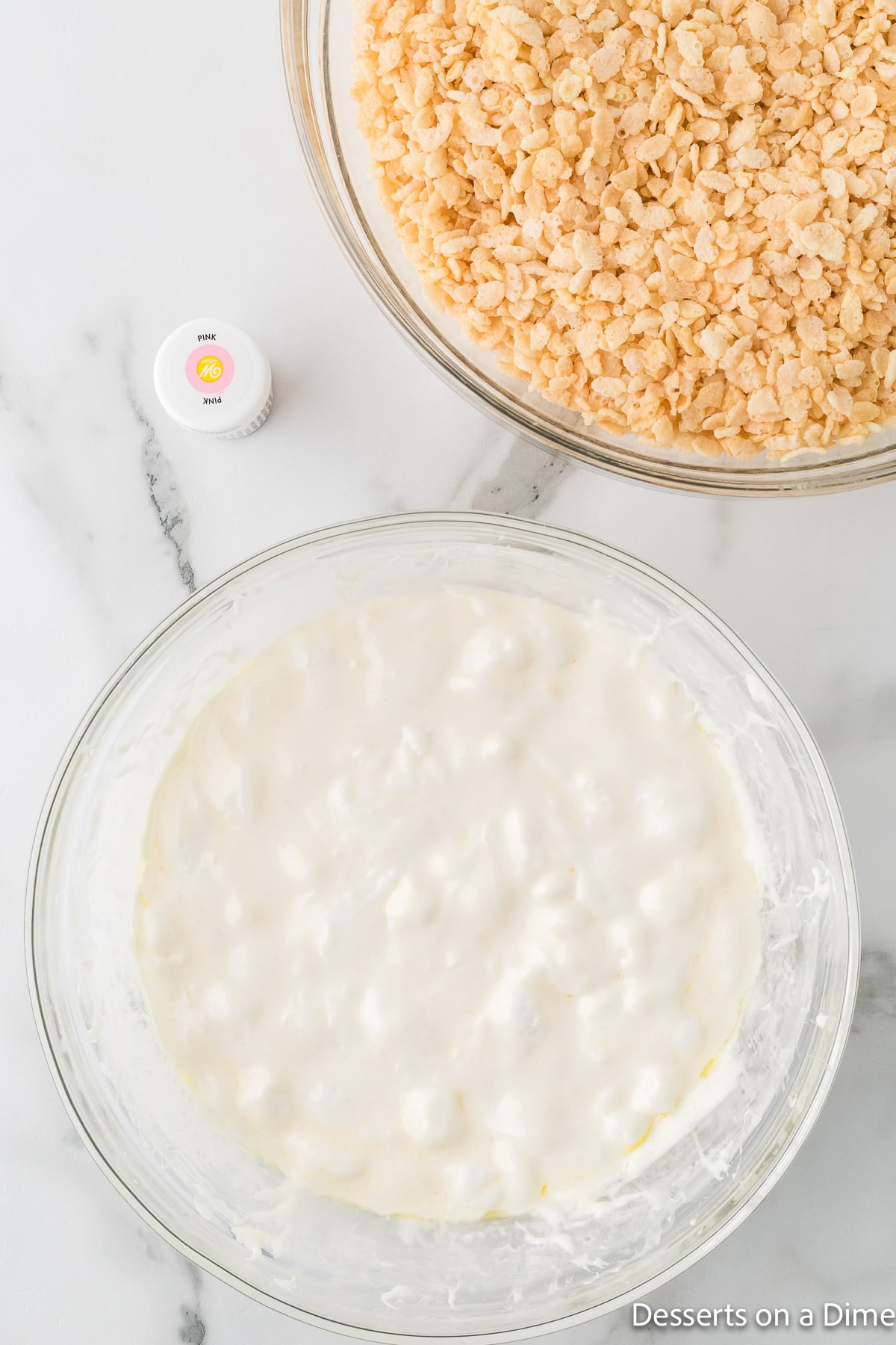 Mixing bowl with melted marshmallows and butter. 