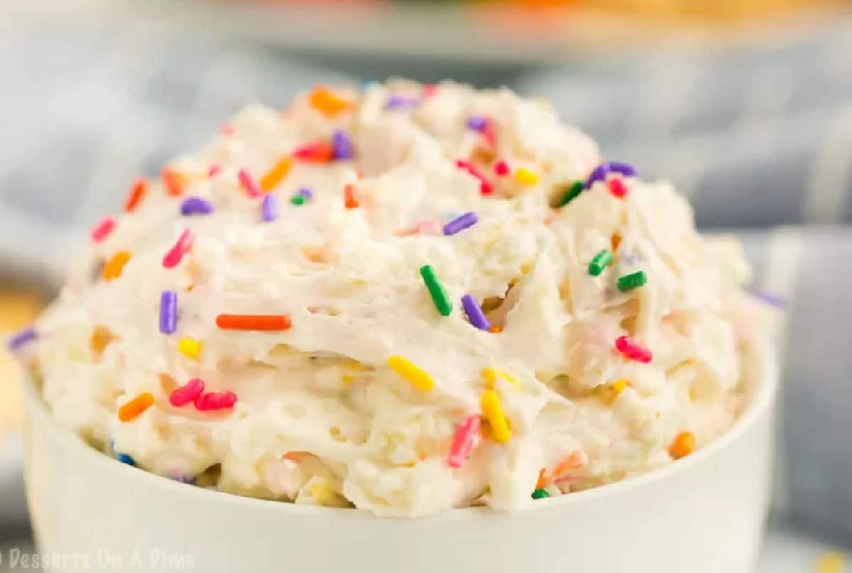 Cake Batter Dip in a white bowl.