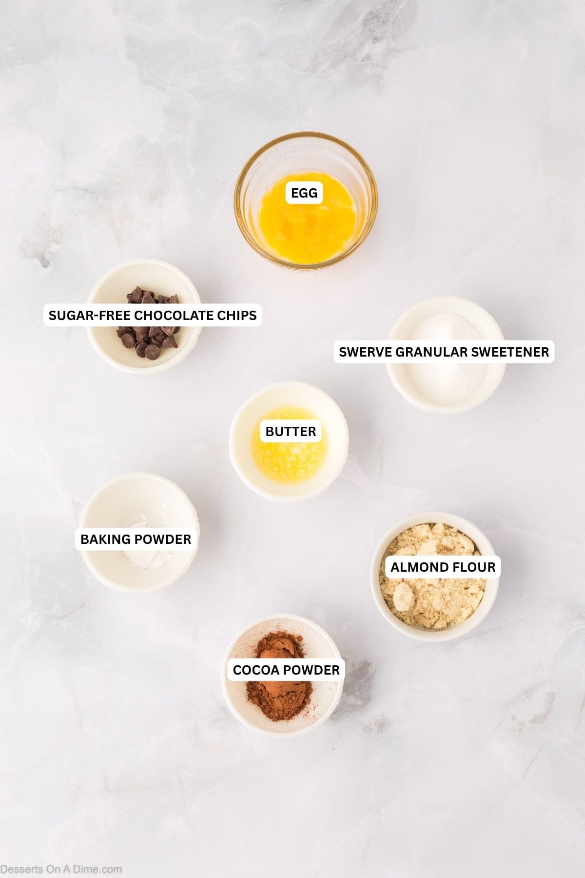 Ingredients for recipe; egg, sugar free chocolate chips, swerve, butter  baking powder, almond flour and cocoa powder. 