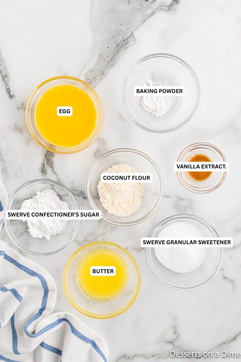 Ingredients for recipe: butter, swerve granular sweetener, swerve confectioner's sugar, coconut flour, vanilla, egg and baking powder. 