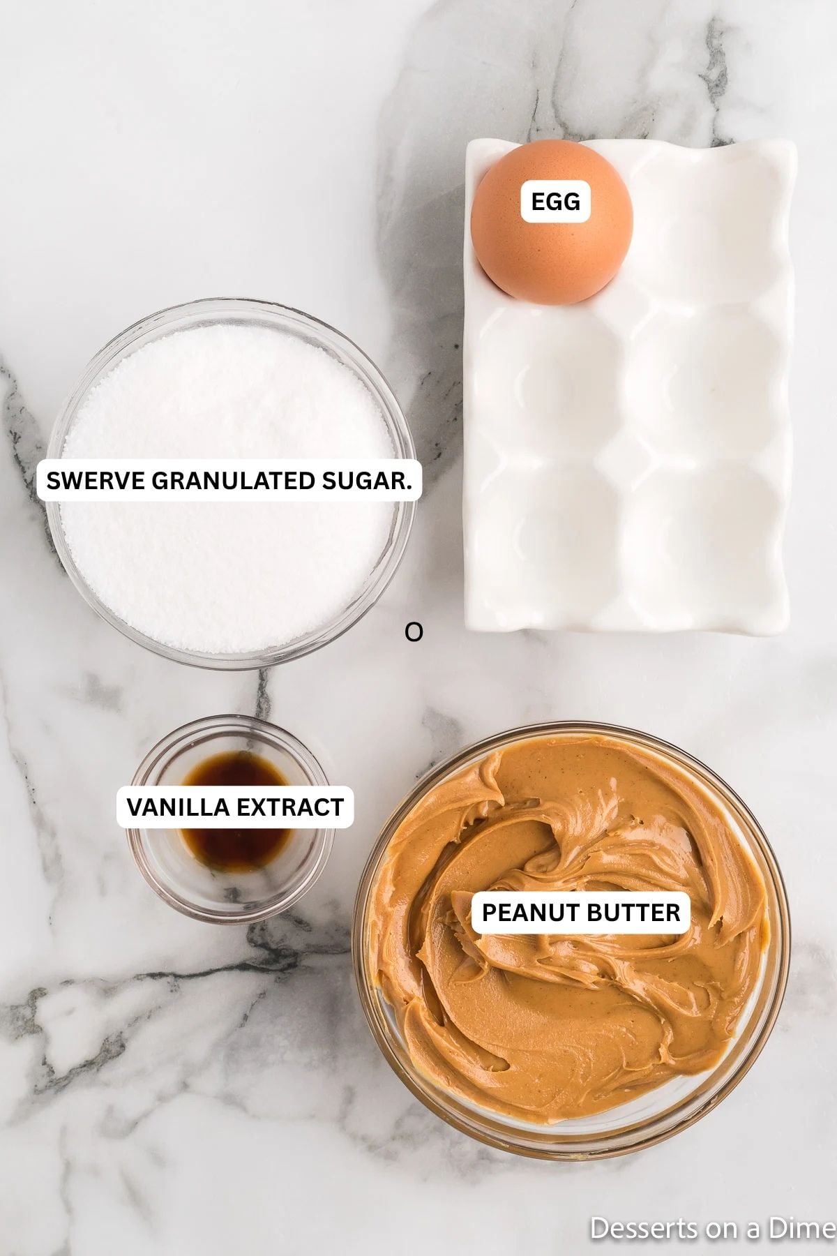 Ingredients for recipe: egg, swerve sugar, vanilla and peanut butter. 