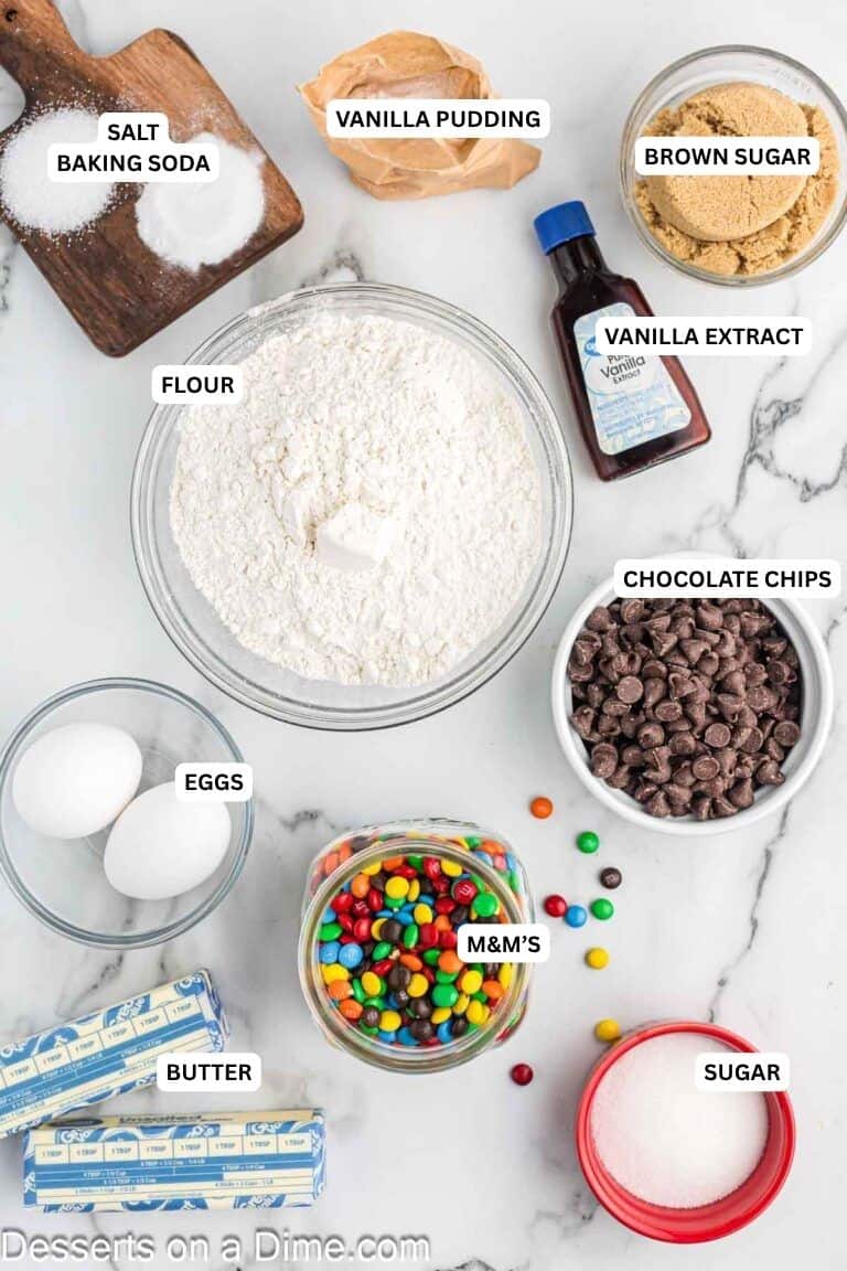 Ingredients for recipe: sugar, butter M&M's, eggs, chocolate chips, flour, vanilla, brown sugar, vanilla, salt and baking soda. 