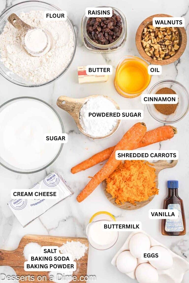 Ingredients for recipe: cinnamon, powdered sugar, sugar, carrots, cream cheese, vanilla, buttermilk, flour, raisins, butter, walnuts, salt, baking powder, baking soda and eggs.