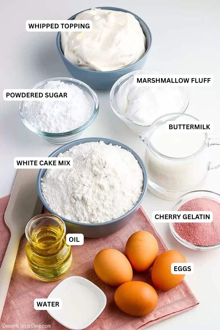 Ingredients for recipe: whipped topping, powdered sugar, marshmallow fluff, buttermilk, white cake mix, cherry jello, oil, eggs and water. 