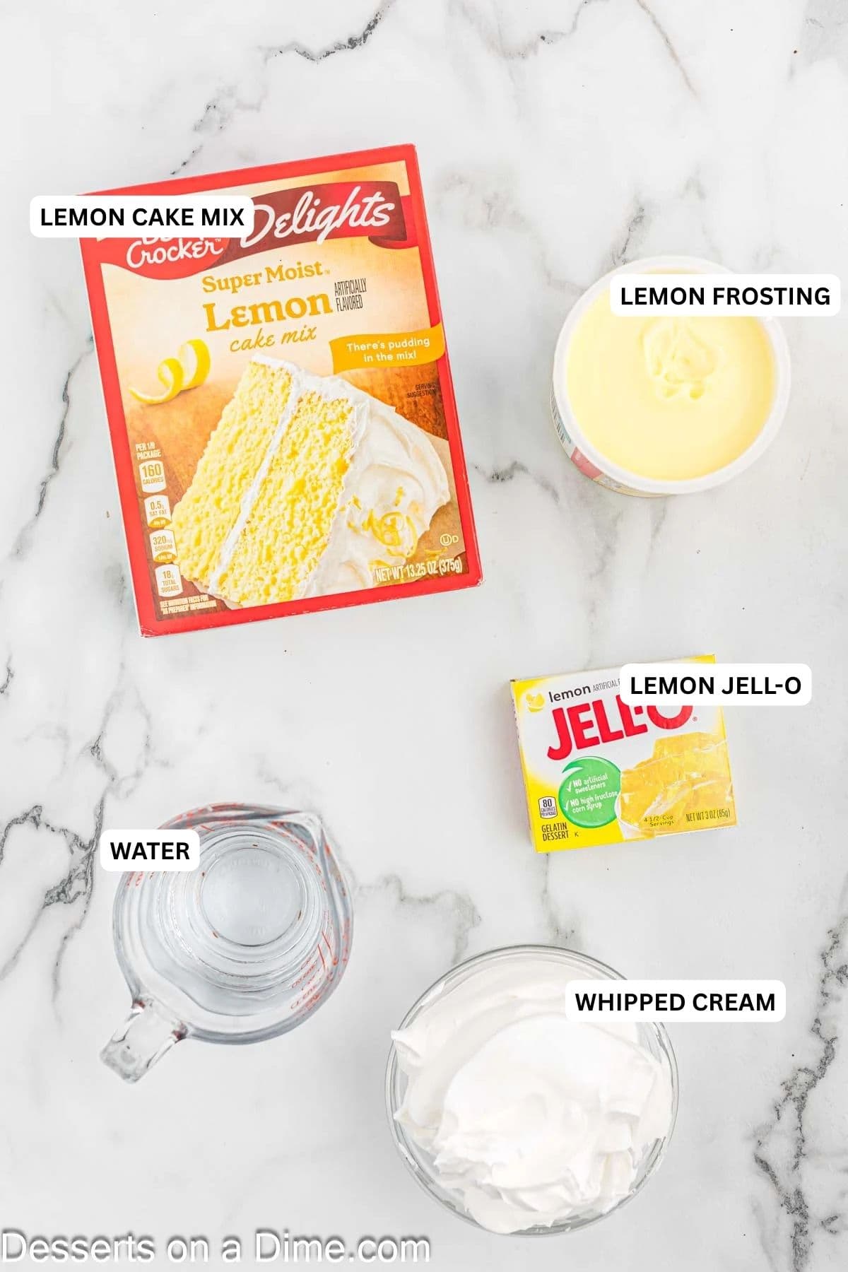 Ingredients for recipe: lemon cake mix, lemon frosting, lemon jello, water and whipped cream. 