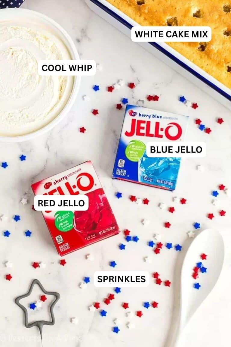 Ingredients for recipe: sprinkles, jello, whipped cream and cake mix. 