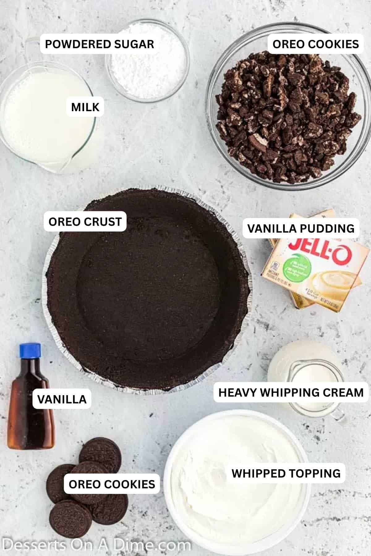 Ingredients for recipe: cookie crust, pudding, oreo, cool whip and powdered sugar. 