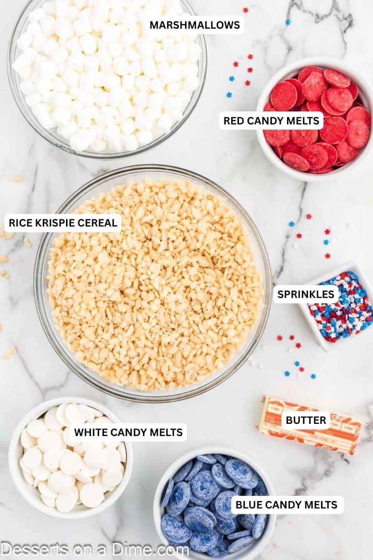 Ingredients for recipe: candy melts, butter, rice krispies cereal, sprinkles and marshmallows.