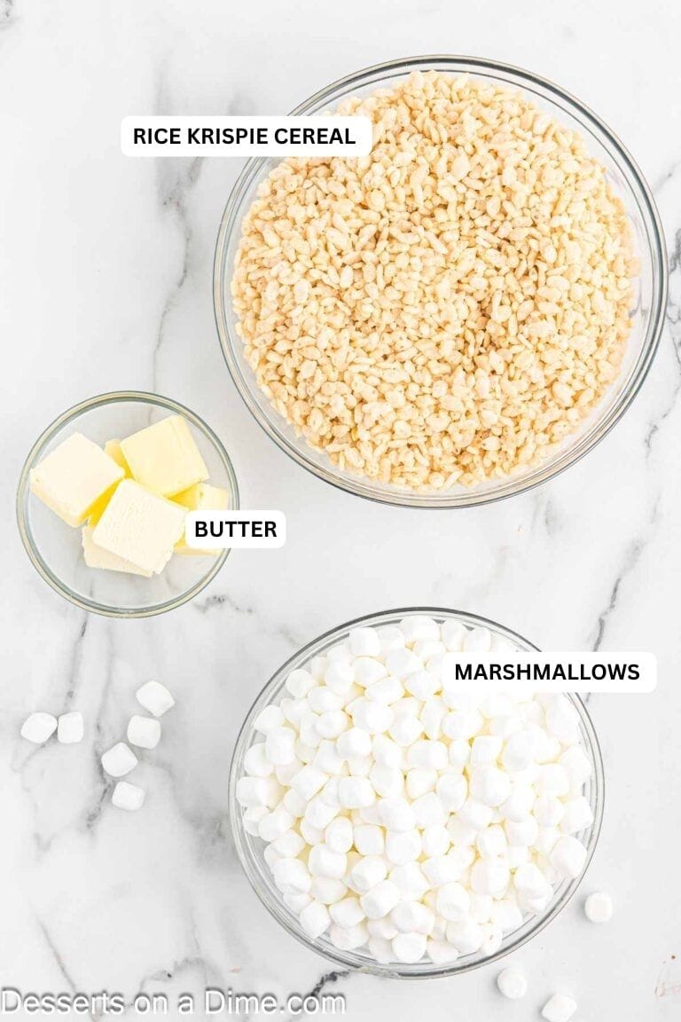 Ingredients for recipe: rice Krispies cereal, butter and marshmallows. 
