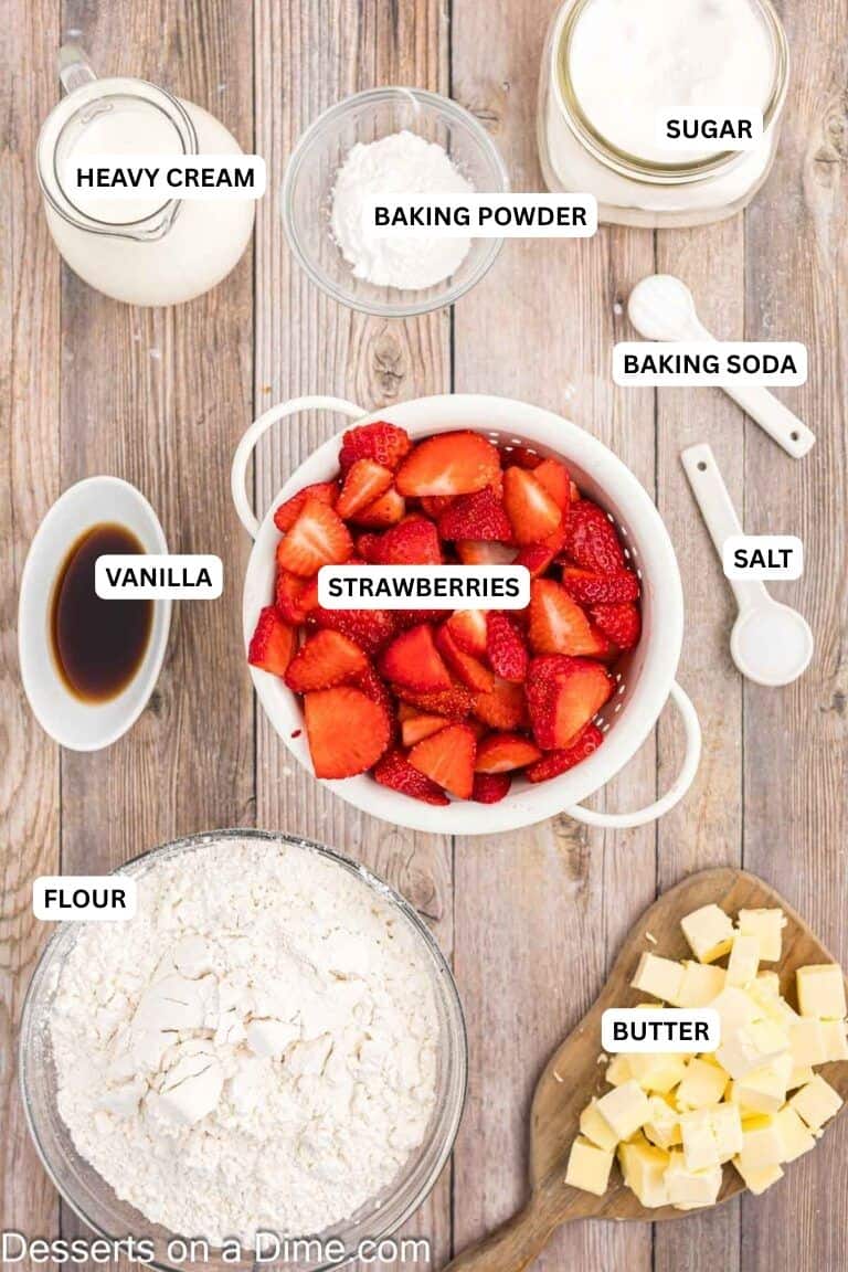 Ingredients for recipe: butter, flour, strawberries, vanilla, salt, baking soda, sugar, baking powder and heavy cream.