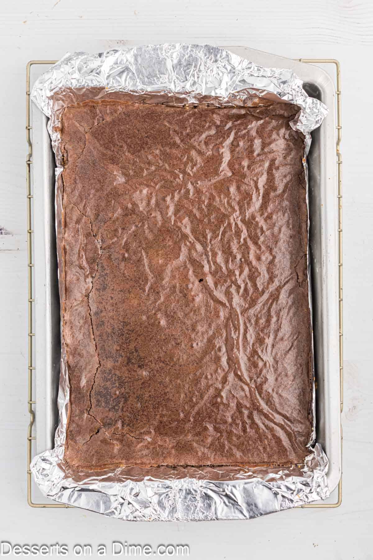 Brownie mix baked on top of crust.