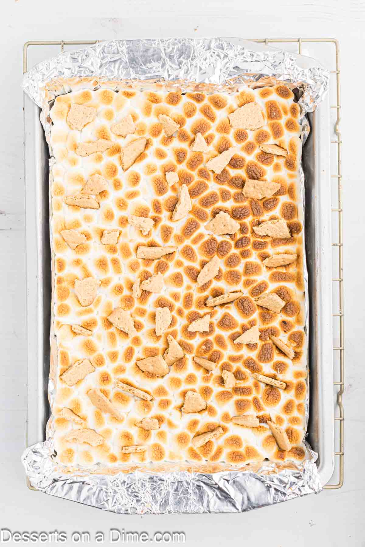 Pieces of graham cracker on top of s'mores brownies.