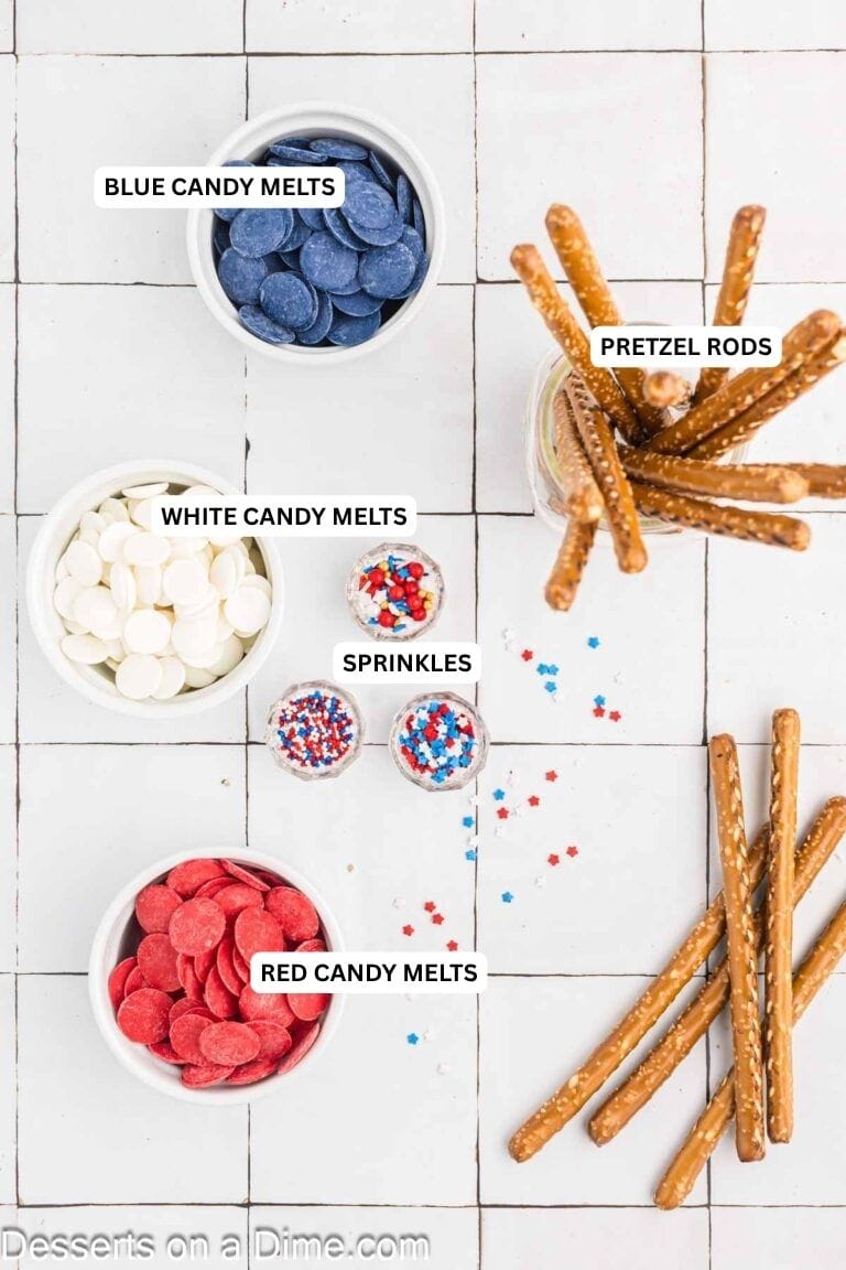 Ingredients for recipe: pretzels, red candy melts, white candy melts, blue candy melts and sprinkles. 
