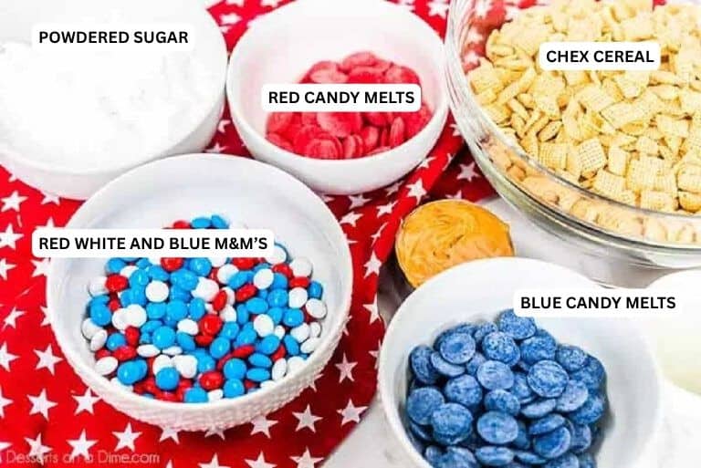 Ingredients for recipe: blue candy melts, red white and blue m&m's, chex cereal, powdered sugar and red candy melts. 