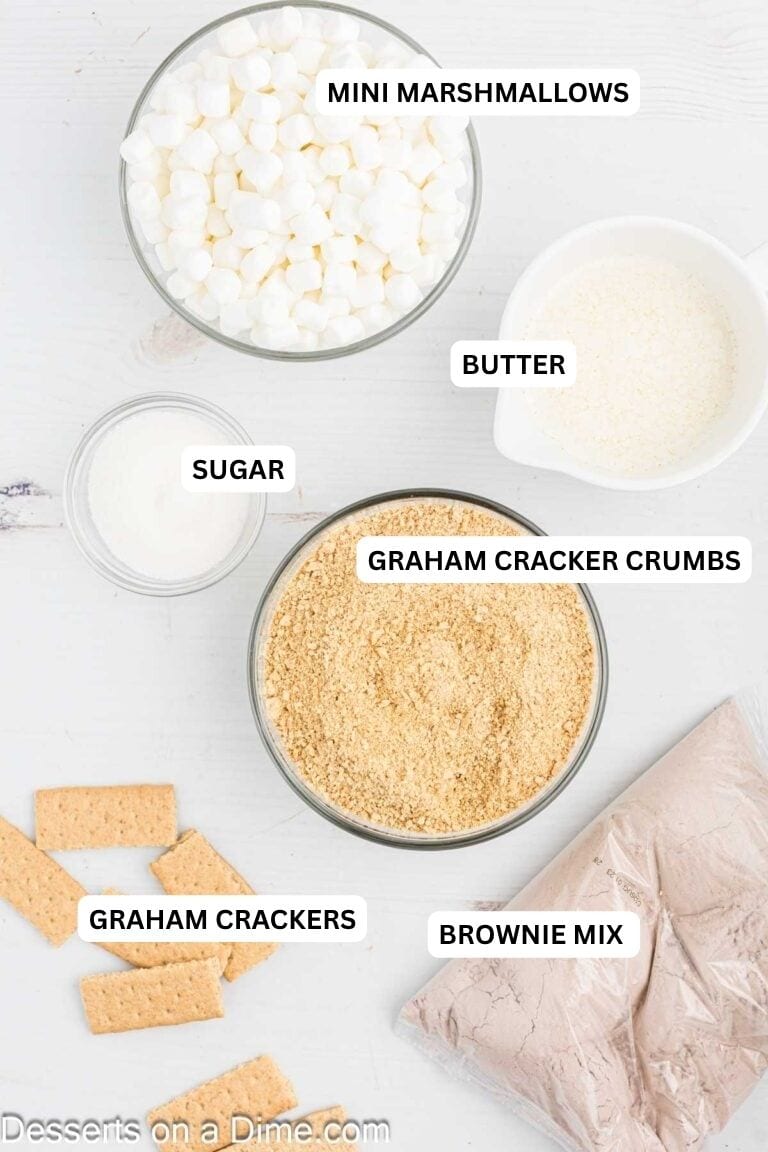 Ingredients for recipe: brownie mix, graham crackers, graham cracker crumbs, sugar, butter and marshmallows.