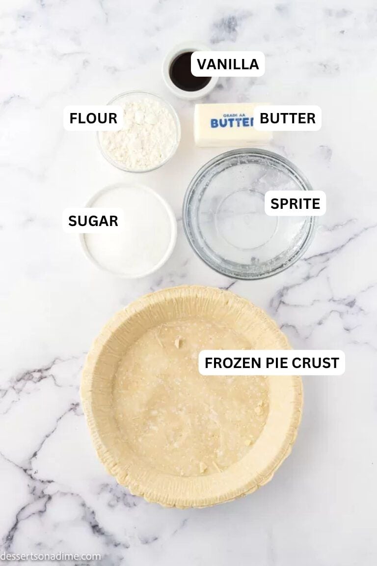 Ingredients for recipe: Sugar, flour, butter, frozen pie crust, sprite and vanilla extract.