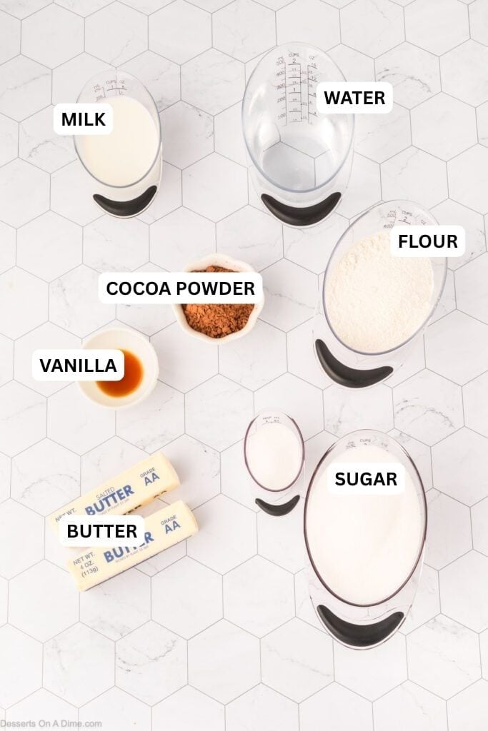 Ingredients for recipe: cocoa powder, flour, vanilla, sugar, butter, milk and water. 