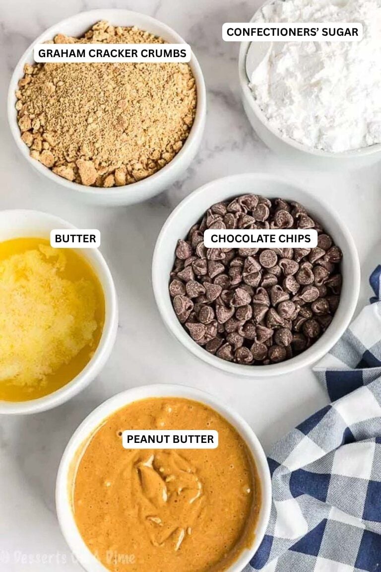 Ingredients for recipe: peanut butter, chocolate chips, butter, graham cracker crumbs and powdered sugar. 