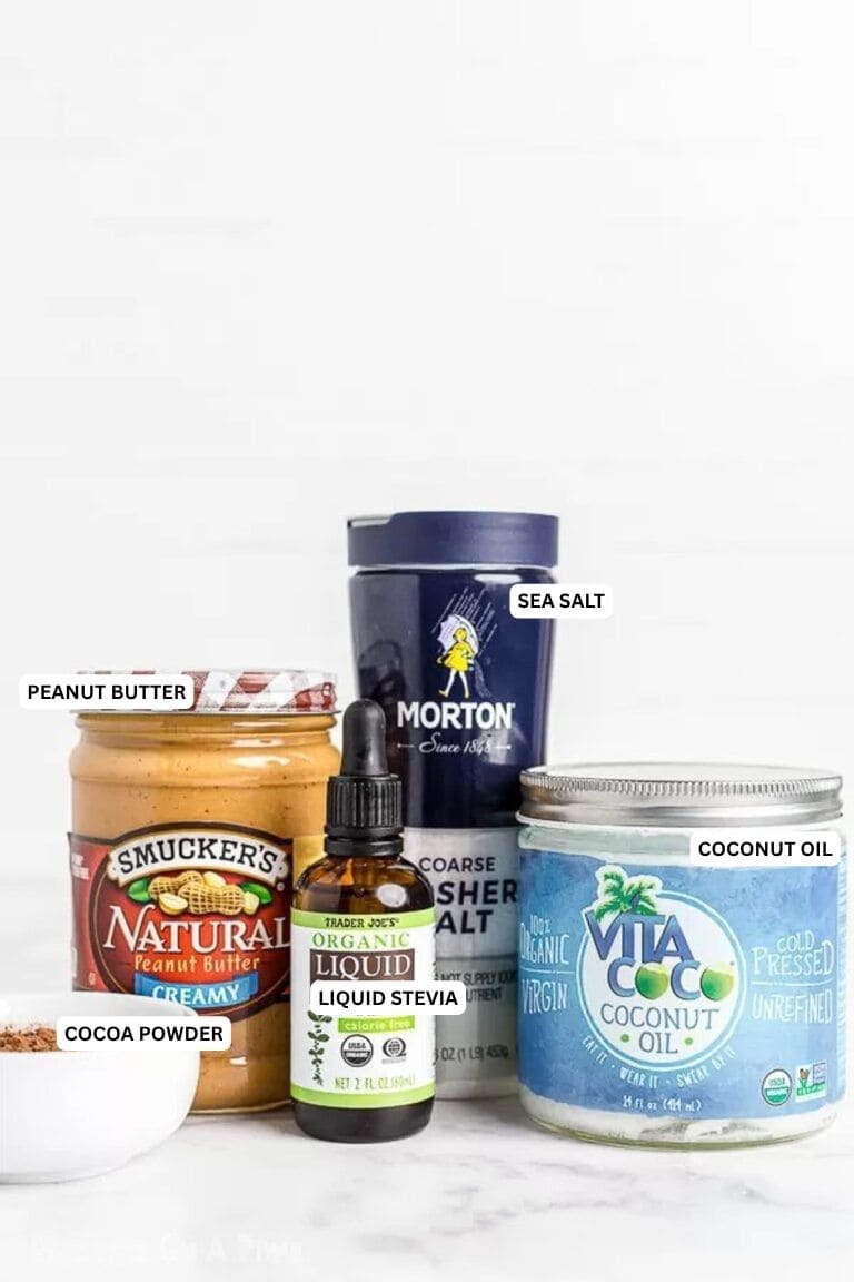 Ingredients for recipe: peanut butter, coconut oil, cocoa powder, stevia and sea salt.