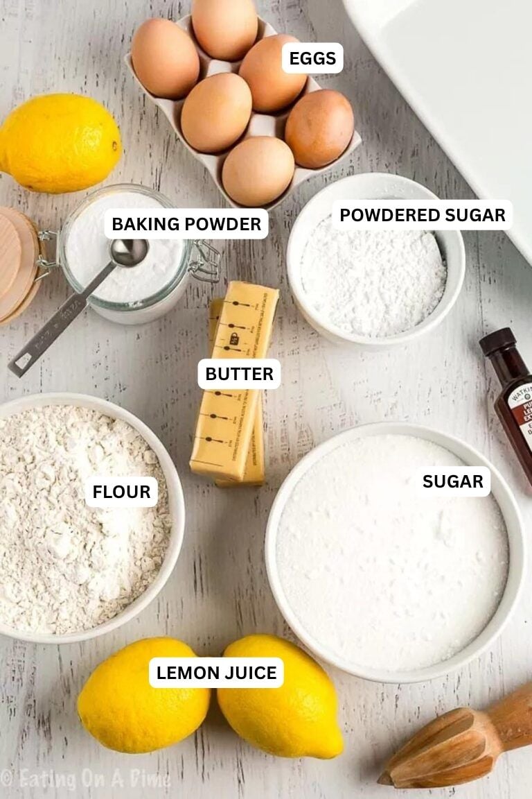 Ingredients for recipe: lemon juice, sugar, flour, butter, powdered sugar, baking powder and eggs. 