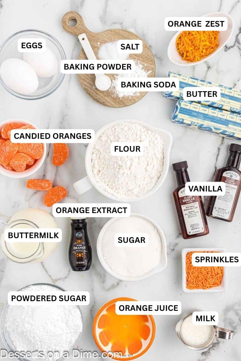 Ingredients for recipe: candied oranges, flour, vanilla, orange extract, buttermilk, sugar, sprinkles, eggs, salt, orange zest, baking powder, baking soda, orange juice, milk and powdered sugar. 