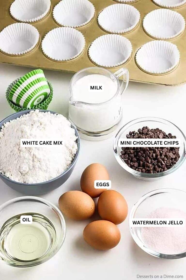 Ingredients for recipe: milk, white cake mix, mini chocolate chips, eggs, watermelon jello and oil. 