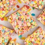 Fruity pebble bars cut and ready to serve.