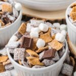S'mores puppy chow in a white bowl.