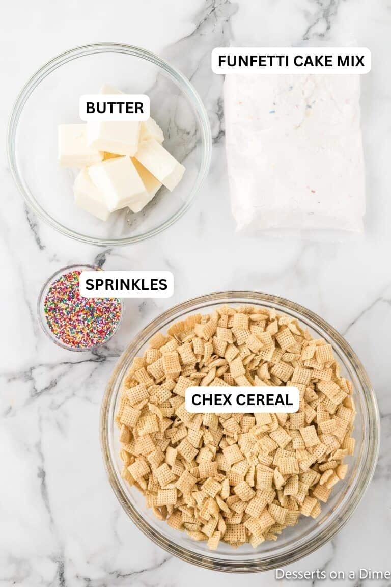 Ingredients for recipe: Funfetti cake mix, butter, sprinkles, chex cereal, 