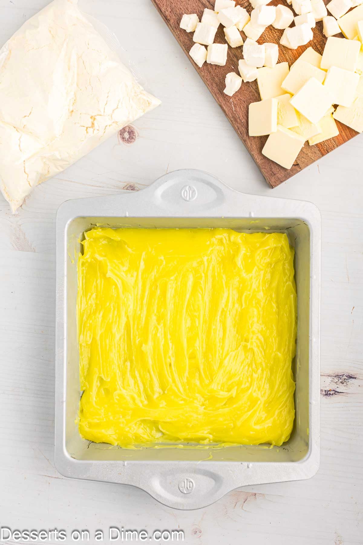 Lemon Pie filling spread in pan. 