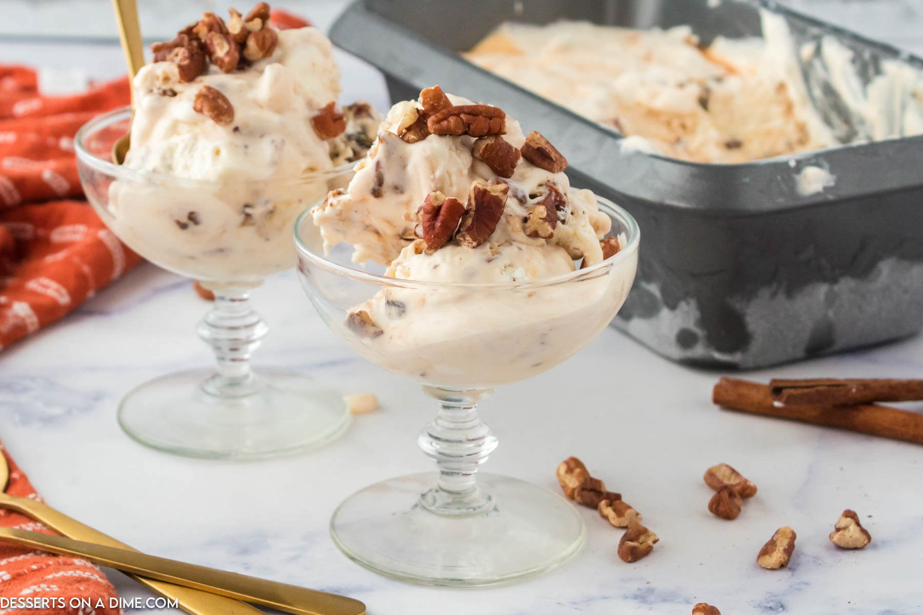 Pecan praline ice cream in a bowl. 