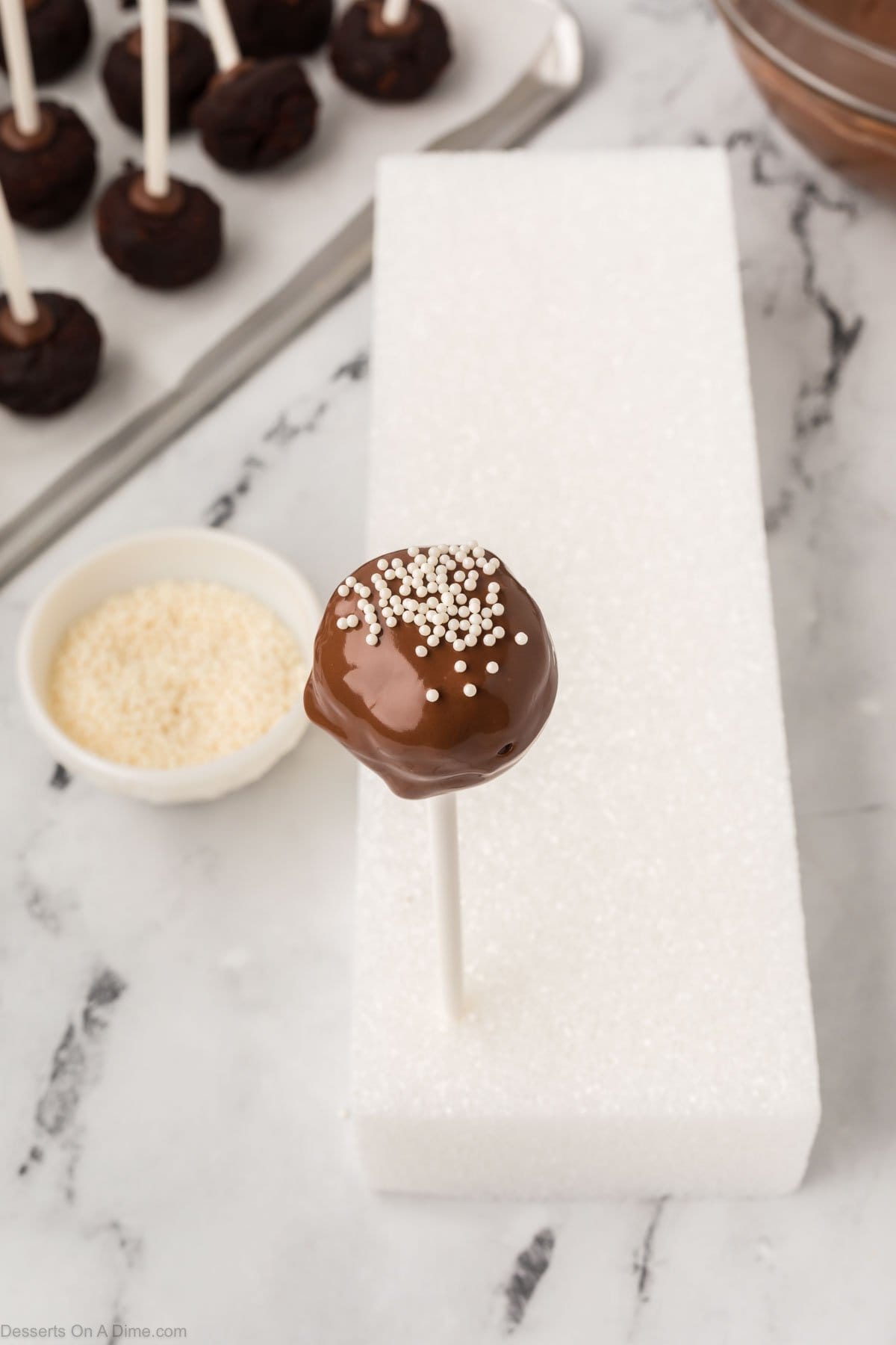 Cake pop coated and inserted into stand. 