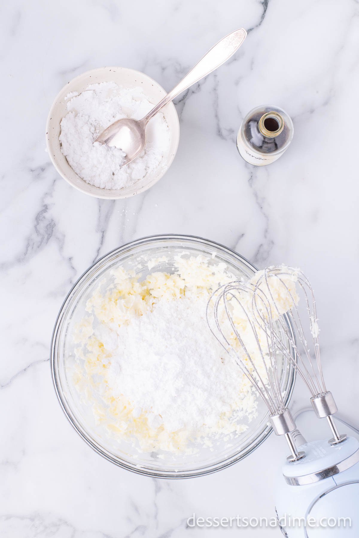 Mixing bowl with icing ingredients. 