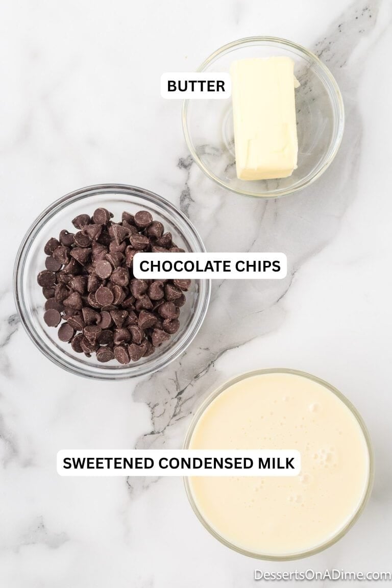 Ingredients for recipe: chocolate chips, sweetened condensed milk, and butter. 