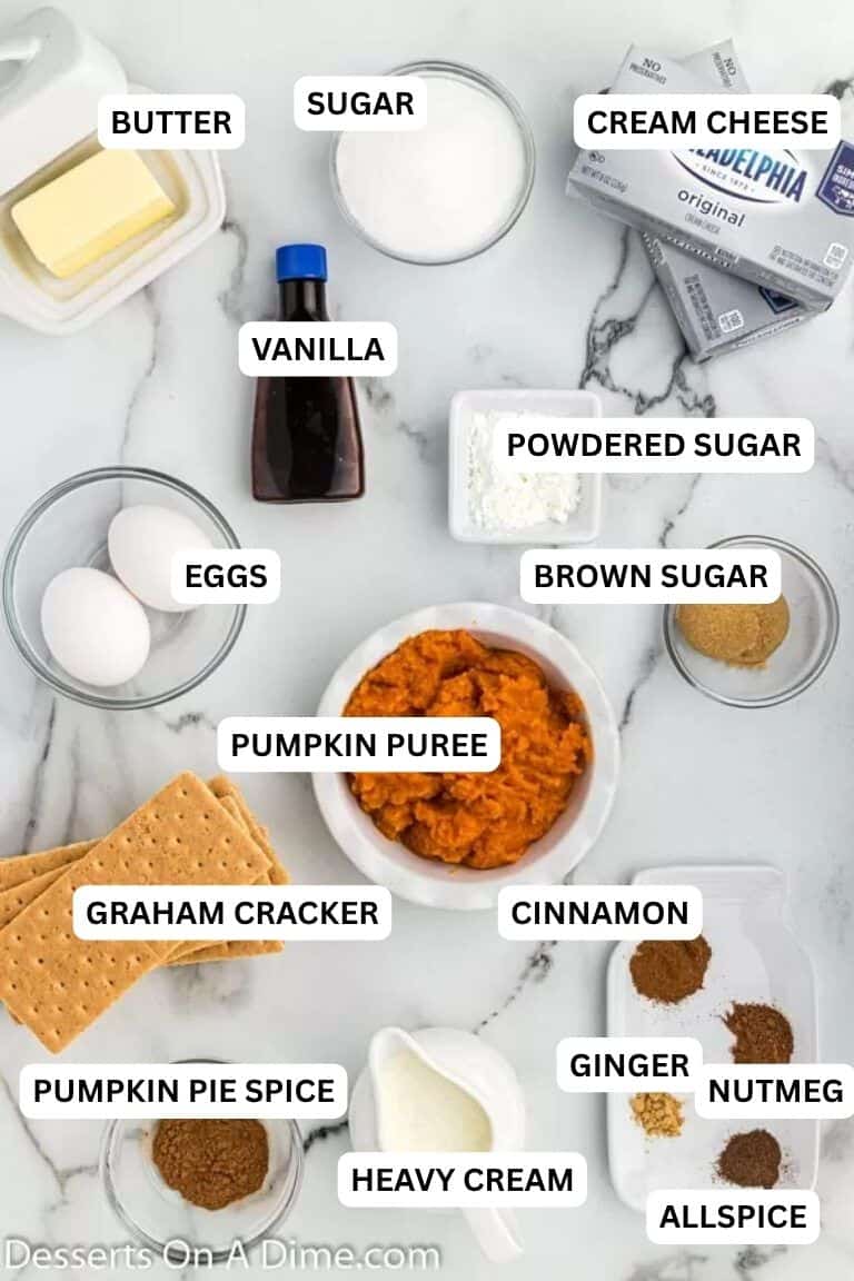 Ingredients for recipe: graham cracker sheets, brown sugar, cream cheese, pumpkin puree, vanilla, eggs, cream, whipped cream and spices. 