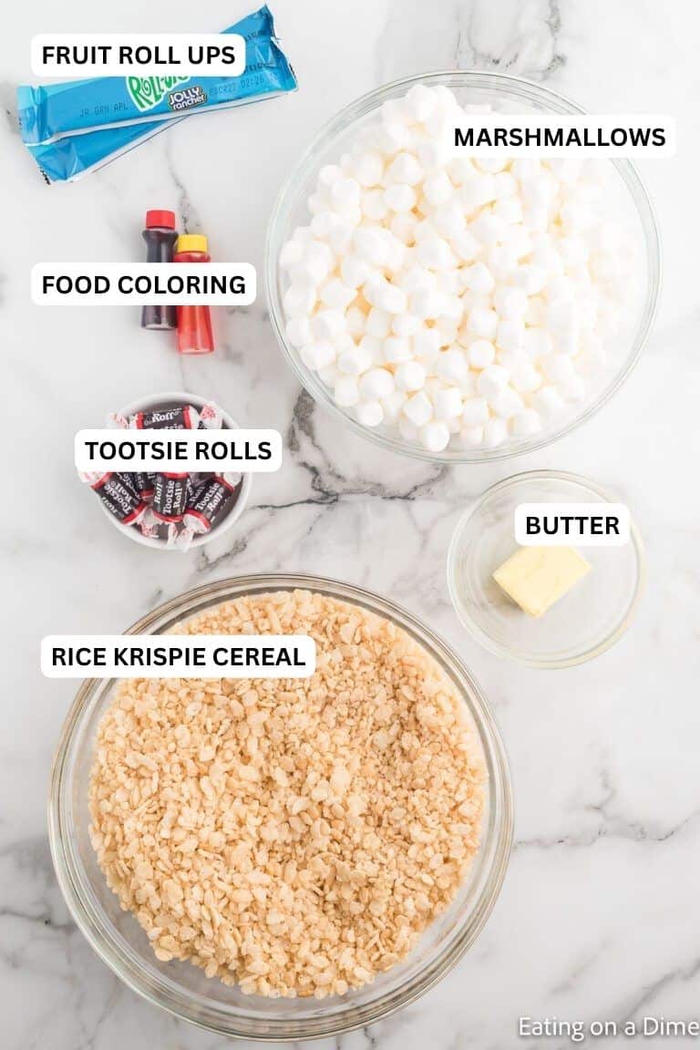 Ingredients for recipe: rice krispy cereal, butter, mini marshmallows, tootsie rolls, green fruit roll ups. 