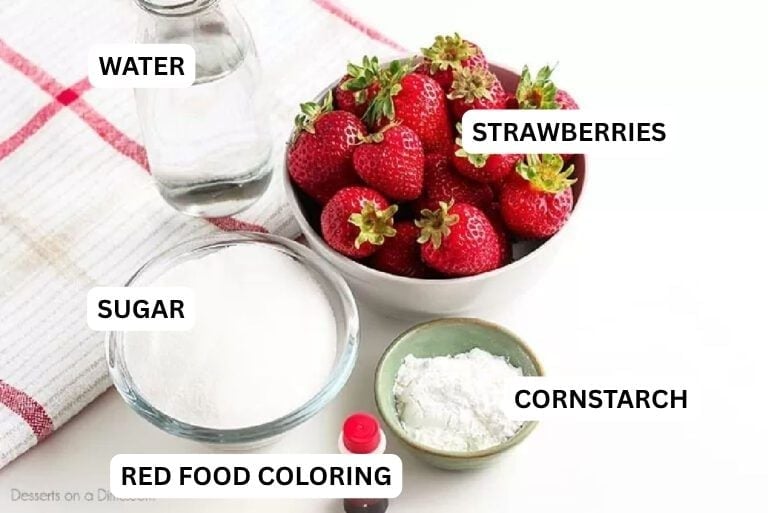 Ingredients needed for recipe: fresh strawberries, sugar, cornstarch, water and red food coloring.