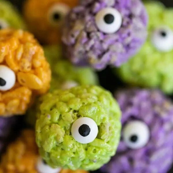 Halloween rice krispie treats with eyes.